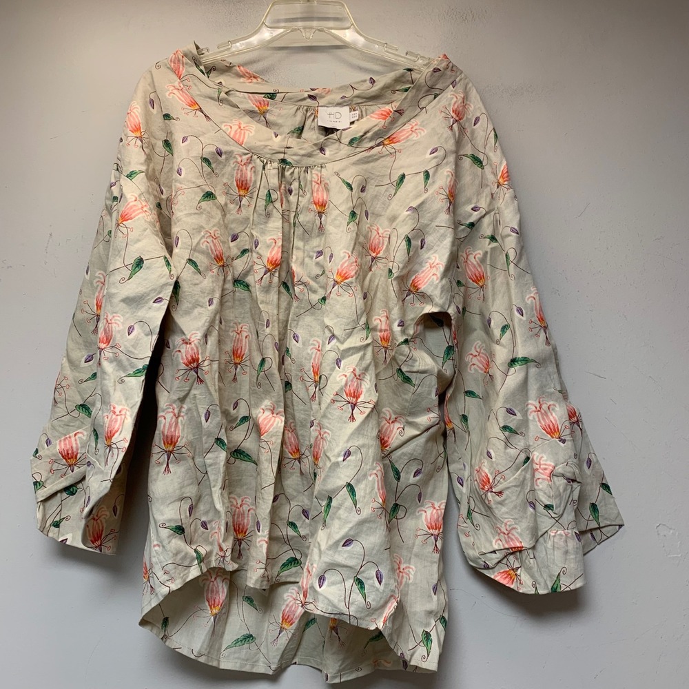 HD in Paris Blouse Womens 6 Beige Floral Excellent Ramie 3/4 Sleeve Scoop Neck